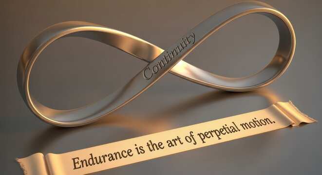 Infinite loop symbol with 'Continuity' and 'Endurance is the art of perpetual motion' quotes signifying endless cycles and determination