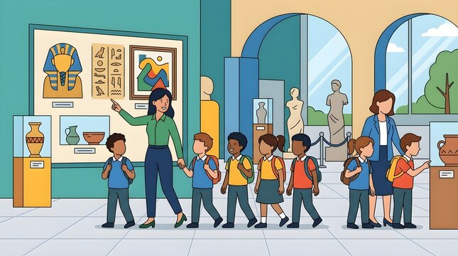Flat vector illustration of school children visiting a museum with teachers during an educational field trip. Museum exhibits, history, art, and cultural learning environment.