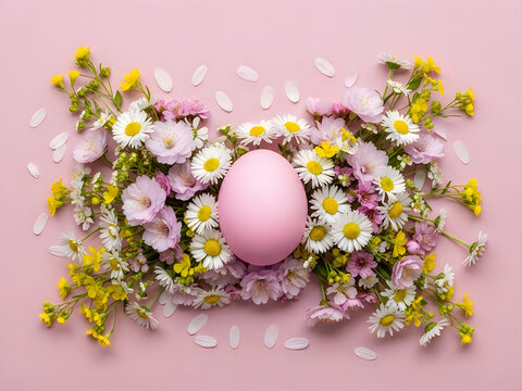 Single pink easter egg surrounded by spring flowers with flat lay, arrangement