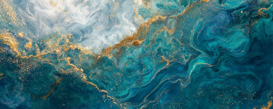 Abstract Teal and Gold Marble Background with Fluid Art Texture and Glitter Veins for Luxury Design