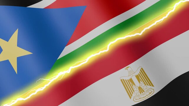 Two waving flags South Sudan and Egypt with diagonal lightning seamless, 4k loop