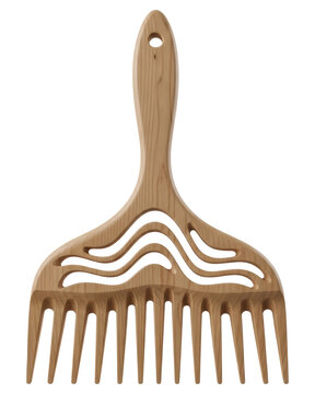 Wooden wide tooth hair pick comb with wavy pattern isolated transparent background