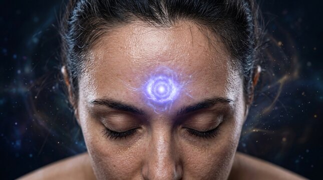 Mystical Woman with Glowing Third Eye in Cosmic Background.