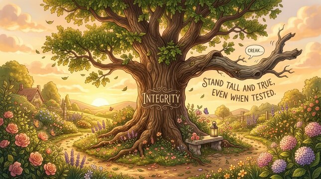 Inspirational ancient oak tree with the word 'Integrity' carved into its trunk, standing tall in a beautiful garden at sunset.