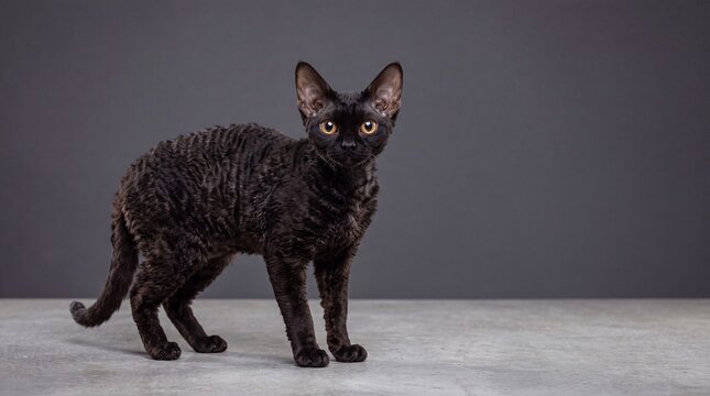 Black Devon Rex cat with curly fur and amber eyes standing against a grey background
