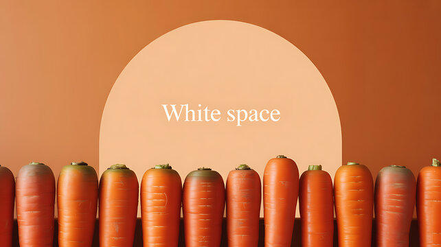 Row of carrots aligned in front of a warm-toned background with a circular white space and text overlay