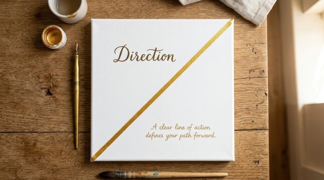 Inspirational canvas with the word "Direction" and a quote about forward path, alongside calligraphy tools