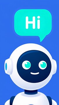 Friendly white robot head on blue background.