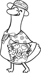Fototapeta premium Cartoon Porch Goose Spring Dress Up Outline Wearing Flower Hat and Dress Illustration Hand Drawn