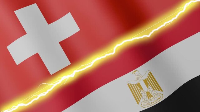 Two waving flags Switzerland and Egypt with diagonal lightning seamless, 4k loop