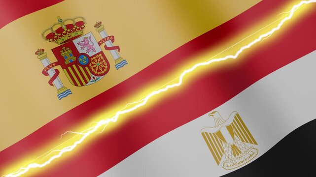 Two waving flags Spain and Egypt with diagonal lightning seamless, 4k loop
