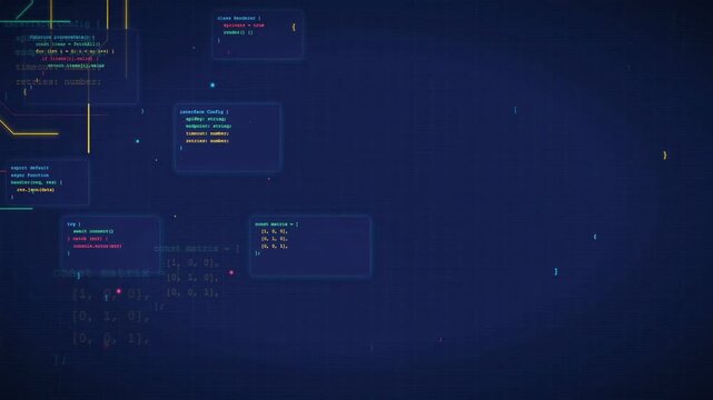 Abstract digital background with floating computer code and data processing elements on dark blue screen