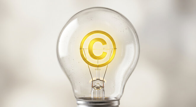 Glowing lightbulb with golden copyright symbol inside on bright background, intellectual property and patent concept.