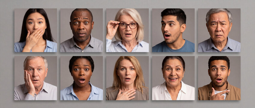 Diverse people with surprised facial expressions in a grid layout on a gray background, showing shocked and amazed reactions for social research, human emotions, or marketing concepts