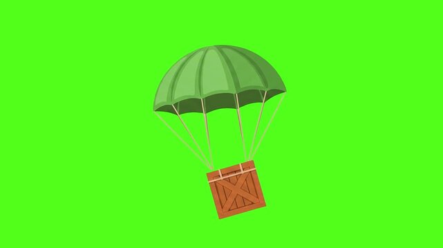 Wooden crate falling with parachute animation on green screen