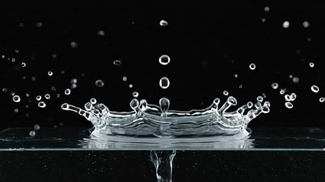 A high speed photograph captures a crown shaped water splash against a dark background