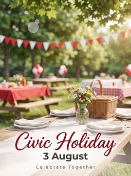 Civic holiday celebration on august 3rd with outdoor picnic setup wicker basket flowers and red white bunting flags in summer park with captures festive outdoor wooden table foreground