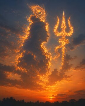 Sunset clouds in the shape of Lord Shiva and the trisula