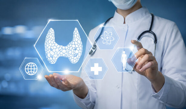 AI generated doctor presenting holographic thyroid interface medical icons representing endocrinology diagnosis digital healthcare innovation clinical technology patient care
