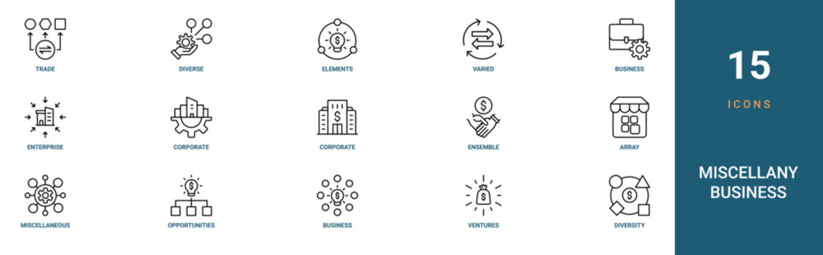 Set of 15 outline web Miscellany Business icons such as diversity, ventures, business, opportunities, miscellaneous, array, ensemble vector icons for report, presentation, diagram, web design,