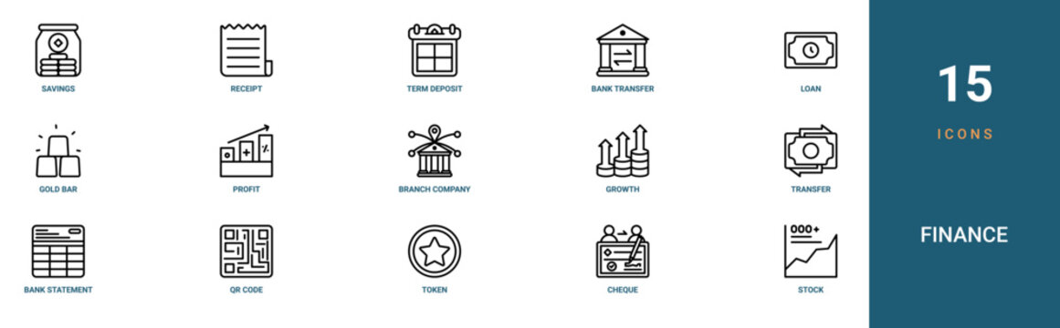 Set of 15 outline web Finance icons such as stock, cheque, token, qr code, bank statement, transfer, growth vector icons for report, presentation, diagram, web design, mobile app