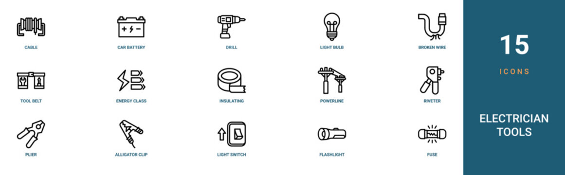 Set of 15 outline web Electrician Tools icons such as fuse, flashlight, light switch, alligator clip, plier, riveter, powerline vector icons for report, presentation, diagram, web design, mobile app