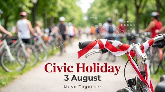 Bicycle handlebars decorated with red and white ribbons during a civic holiday community gathering event on a sunny park pathway with many cyclists in the blurred background for summer fun