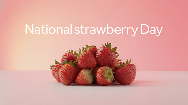National Strawberry Day celebration with fresh strawberries displayed on a pink background