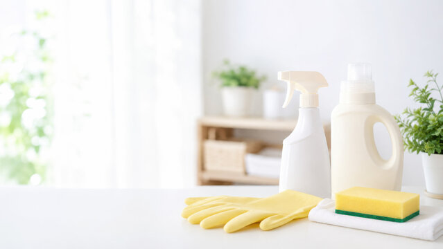 ゴム手袋と洗剤とスポンジを並べた家庭用掃除用品