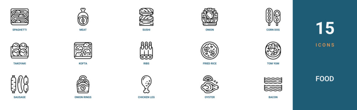 Set of 15 outline web Food icons such as bacon, oyster, chicken leg, onion rings, sausage, tom yum goong, fried rice vector icons for report, presentation, diagram, web design, mobile app