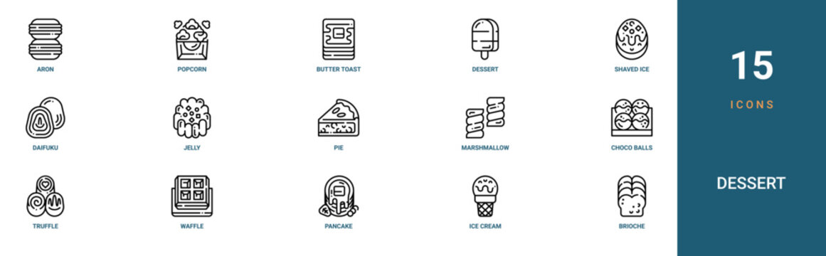 Set of 15 outline web Dessert icons such as brioche, ice cream, pancake, waffle, truffle, choco balls, marshmallow vector icons for report, presentation, diagram, web design, mobile app