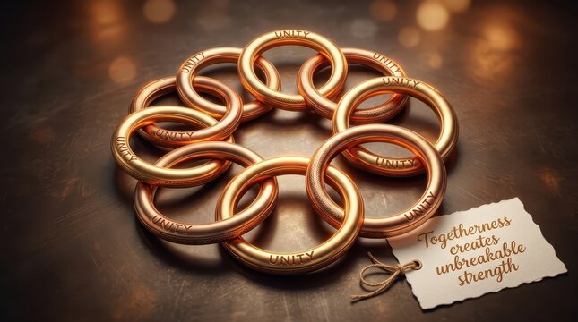 Interlocking golden rings symbolize unity and unbreakable strength, a metaphor for teamwork and collaboration.
