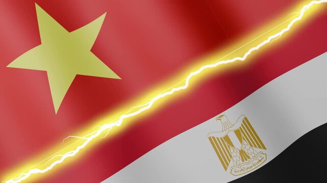 Two waving flags Vietnam and Egypt with diagonal lightning seamless, 4k loop