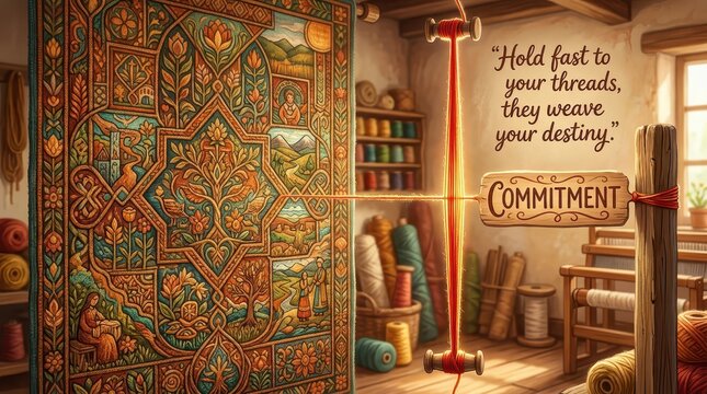 Intricate textile art studio with tapestry, threads, and commitment quote, symbolizing destiny and dedication