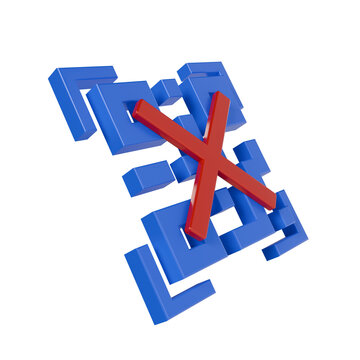 3d render QR Code with Red Cross Mark representing Failed Scan, Invalid Link, or Expired Barcode Digital Concept