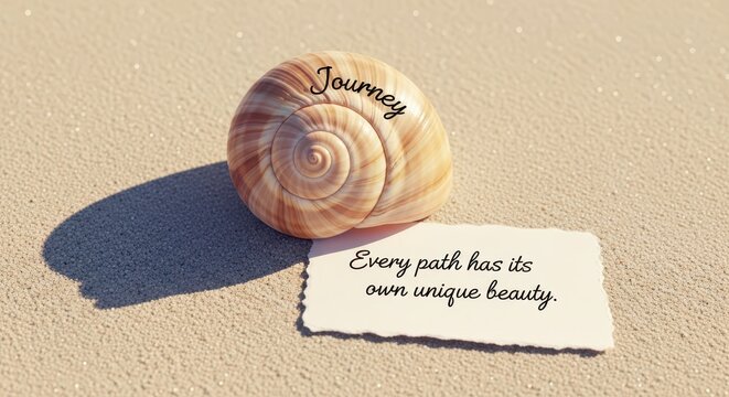 Seashell with the word 'Journey' and a quote about beauty on sandy beach