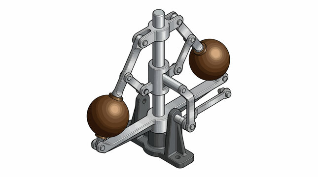 Detailed 3D rendering of a classic centrifugal flyball governor mechanism, an essential component for automatic speed regulation in industrial machinery and steam engines