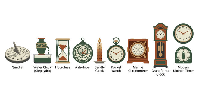 Evolution of time measurement devices showing historical clock icons