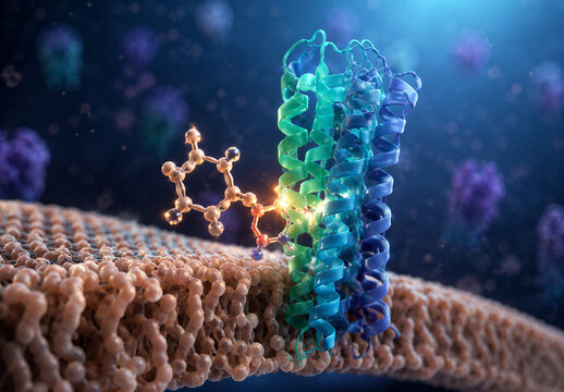 AI generated membrane protein binding signaling molecule cellular membrane illustrating molecular biology drug discovery biomedical research biotechnology medical science