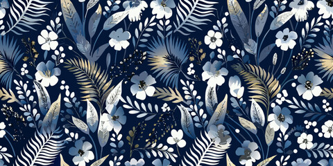 Floral ornament with blue and gold leaves seamless vector pattern © Raben
