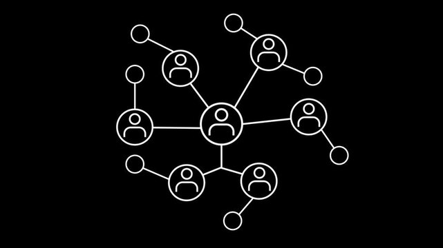 Social network line animation. Animated interconnected nodes icon. Community building. Group interaction. white illustration on black background. HD video with alpha channel. Motion graphic