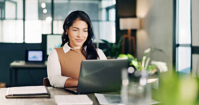 Office, typing and business woman on laptop for financial review, sales analysis and budget planning. Online, manager and person on computer for finance proposal, report and research for strategy
