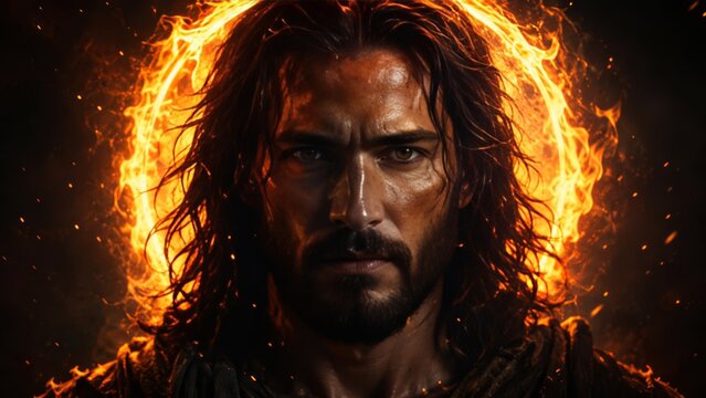 Intense Bearded Warrior Portrait Framed by Blazing Fire Halo