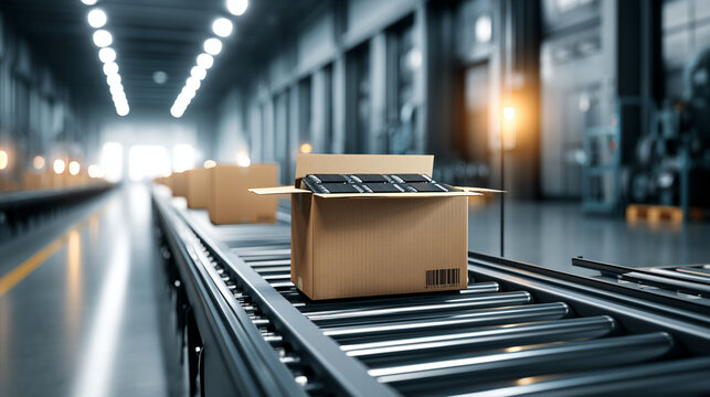 Small green semiconductor chip inside open cardboard box on curved conveyor belt
