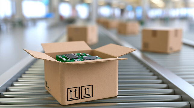 Small green semiconductor chip inside open cardboard box on curved conveyor belt
