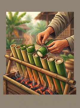 Traditional preparation of lemang rice in bamboo over hot charcoal