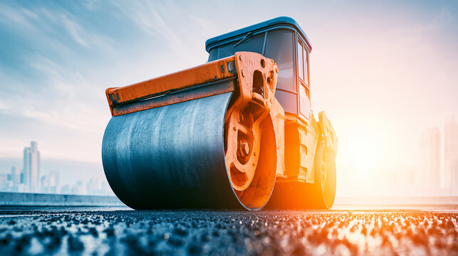 Yellow road roller truck working on new asphalt road in city

