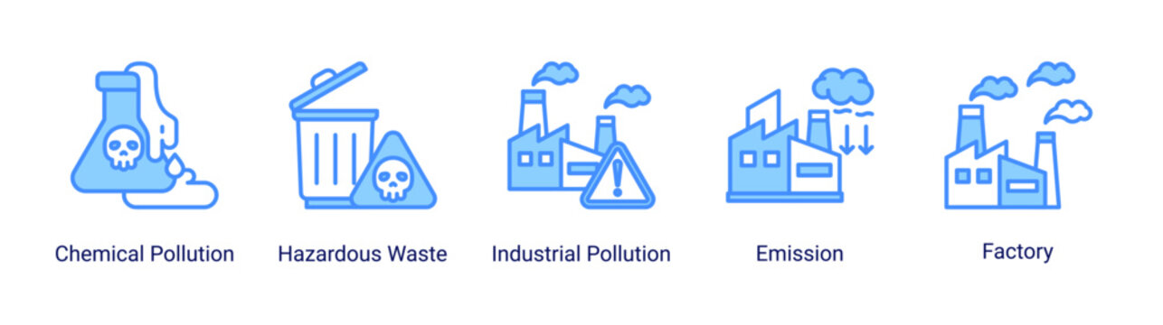Industrial pollution icon set featuring factory emission hazardous waste and chemical contamination for environmental projects