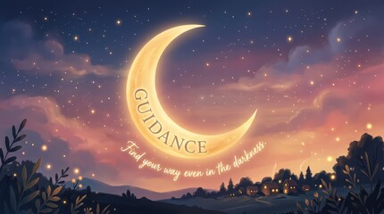 Naklejka premium Magical crescent moon illuminates night sky over silhouetted village, inspiring hope and guidance.