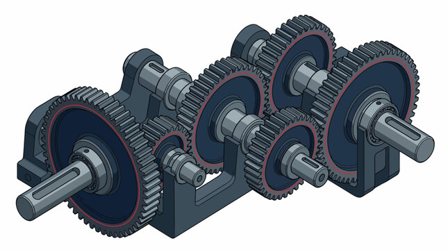 Industrial gear train layout showing technical mechanical transmission assembly with shafts and spur gears in isometric 3D view